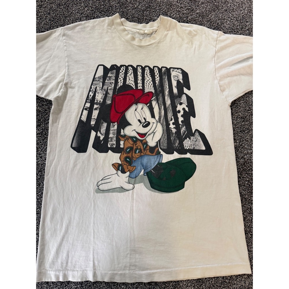 Vintage 90s Disney Minnie Mouse Graphic T-Shirt Y2K Cream Single Stitch XL M15